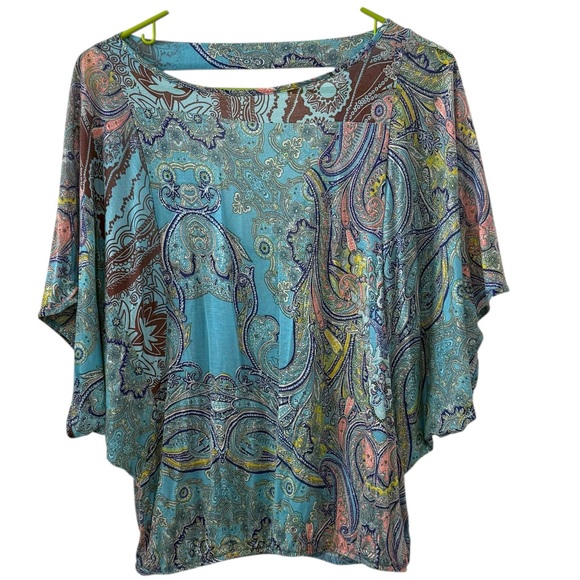 Weston Wear Small Turquoise Multicolor Paisley Print Dolman Sleeve Boho Top - Picture 3 of 6